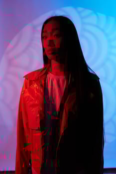 Night woman art portrait light concept smoke neon purple colourful trendy photo