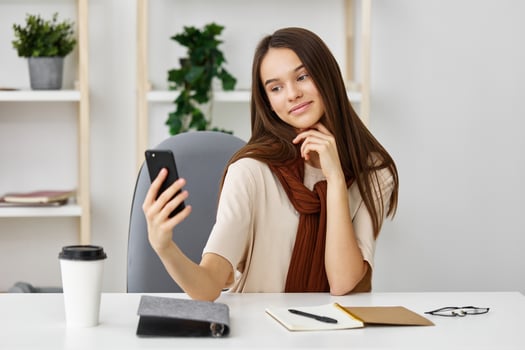 girl phone young laptop education student selfie smile learning blogger photo