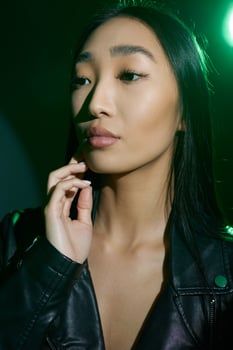 Woman neon person green depressed light model art trendy concept smoke hair portrait colourful photo