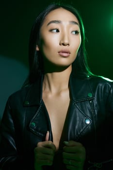 Woman art neon colourful concept green smoke light portrait asian style creative trendy photo
