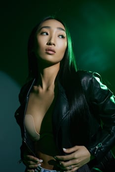 Portrait woman concept future trendy light art neon green colourful smoke bright glamour white photo