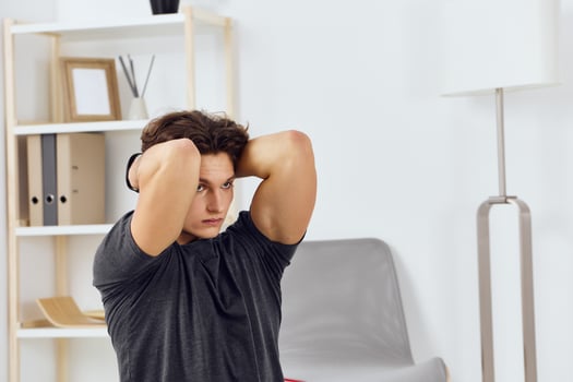 man sport healthy health indoor activity home online training lifestyle house photo