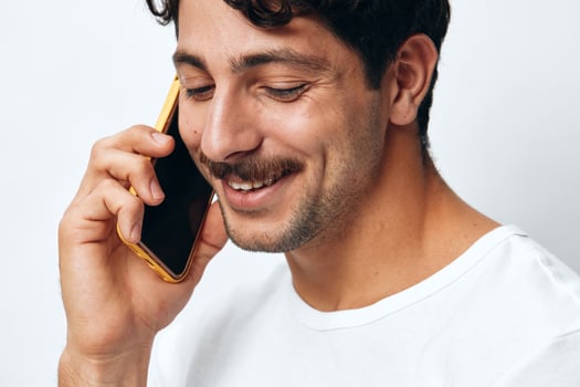 White man phone message model hipster t-shirt online portrait lifestyle technology photo