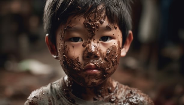 Smiling children covered in mud having fun outdoors generated by AI photo