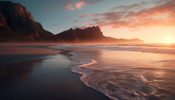 Sunrise over majestic mountain, tranquil waters reflect generated by AI photo