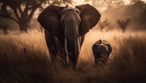 African elephant herd grazing in tranquil savannah generated by AI photo