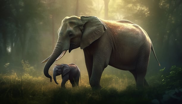Large African elephant family walking in tranquil savannah generated by AI photo