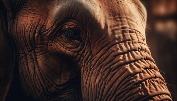 Wrinkled elephant portrait, cute and strong pachyderm generated by AI photo