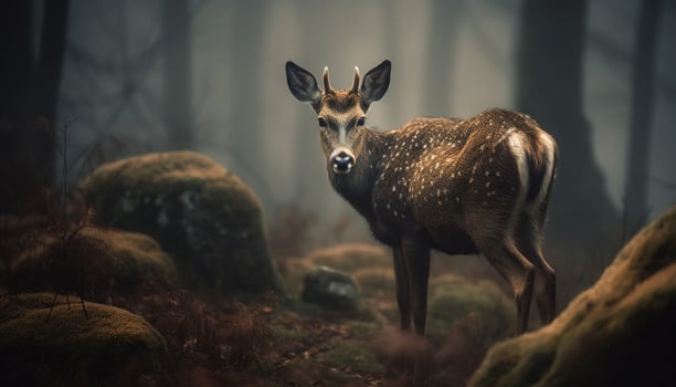 Horned stag stands in autumn forest meadow generated by AI photo