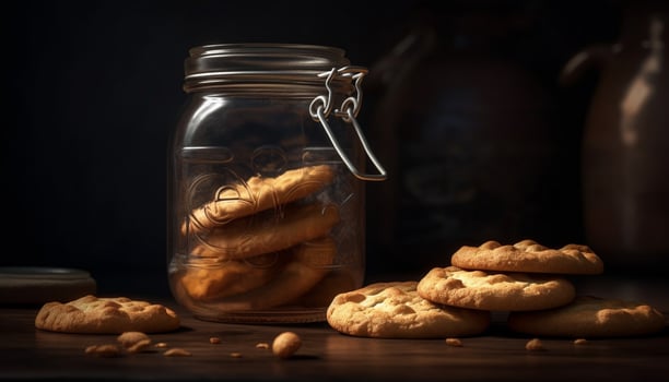 Rustic homemade cookies on wooden table stack generated by AI photo