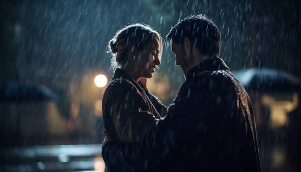 Smiling couple embraces in rain, enjoying love generated by AI photo