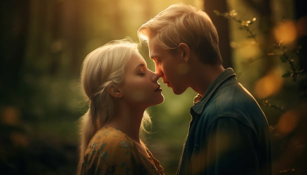 Smiling couple embraces in nature, enjoying love generated by AI photo