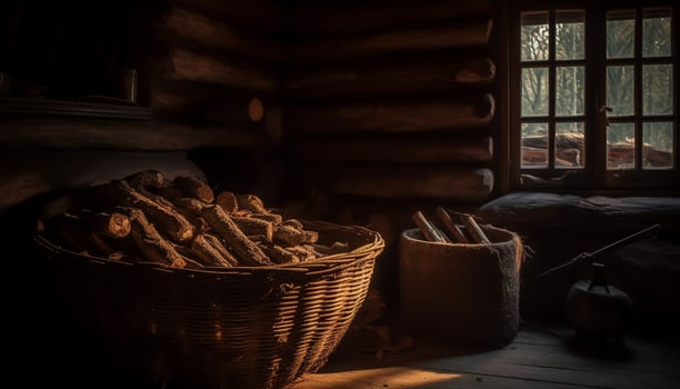 Rustic firewood oven heats homemade meals indoors generated by AI photo