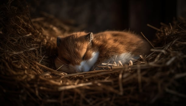 Fluffy kitten sleeping in hay, peaceful fragility generated by AI photo