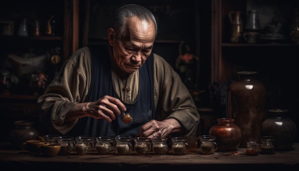 Senior men crafting with old fashioned equipment indoors generated by AI photo