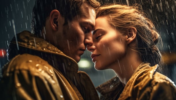 Wet couple embraces in rain, love generated by AI photo
