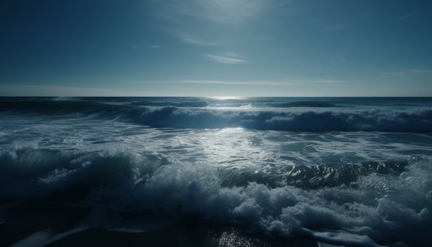 Sun sets on tranquil seascape, waves crashing generated by AI photo
