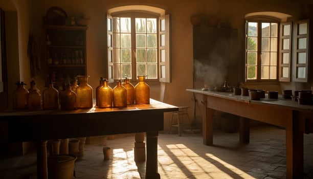 Rustic kitchen table, old wine bottle, modern glass generated by AI photo