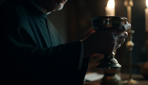 Adult holding candle, praying to God in dark generated by AI photo