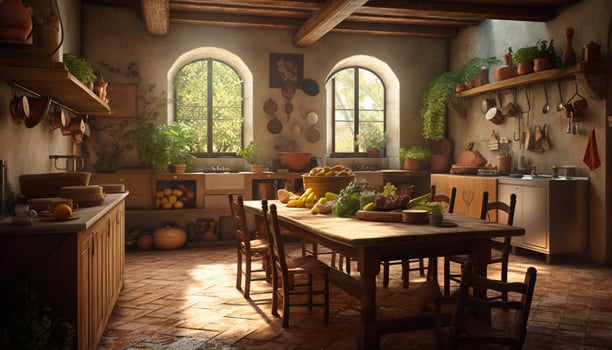 Comfortable rustic dining room with modern elegance generated by AI photo