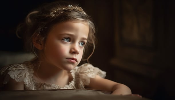 Cute princess smiles, sitting in cozy bedroom generated by AI photo
