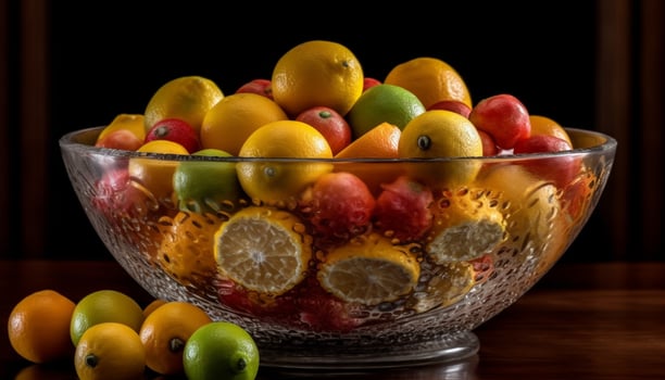 Fresh fruit bowl orange, lemon, lime, grape generated by AI photo