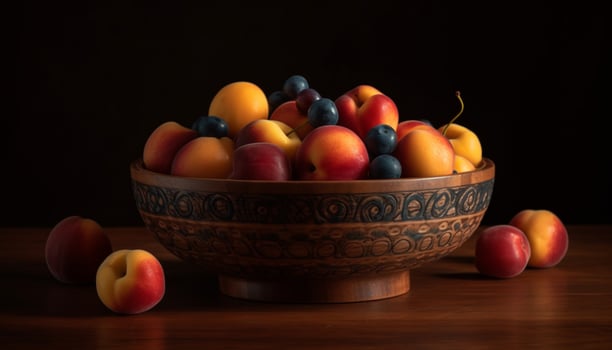 Healthy fruit bowl on wooden table, refreshing snack generated by AI photo