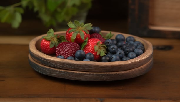 Juicy berry fruit on rustic wooden table generated by AI photo