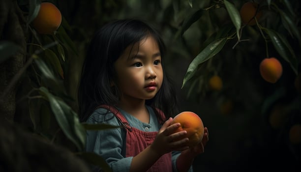 Smiling girls playing in nature with fruit generated by AI photo