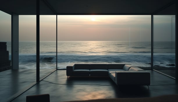 Relax on modern sofa, watch tranquil seascape generated by AI photo