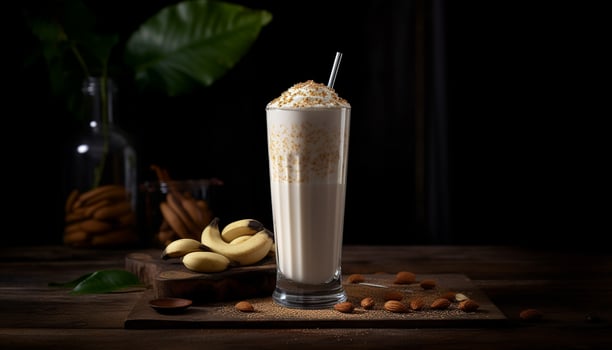 Organic milkshake, chocolate and fruit refreshment bowl generated by AI photo