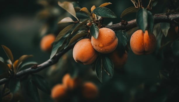 Freshness of organic fruit, hanging on tree, beauty in nature generated by AI photo