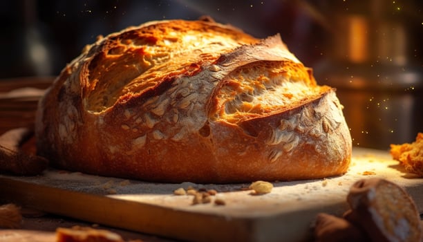 Freshly baked bread on a rustic wooden table, ready to eat generated by AI photo