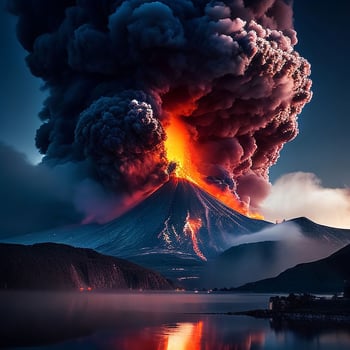 volcano eruption with massive high bursts of lava and hot clouds soaring high into the sky, pyroclastic flow photo