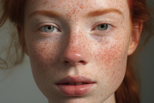 a close up of a woman with freckles,rosacea couperose redness skin AI generated photo