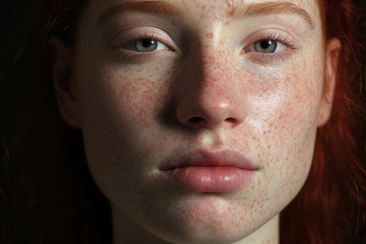 a close up of a woman with freckles,rosacea couperose redness skin AI generated photo