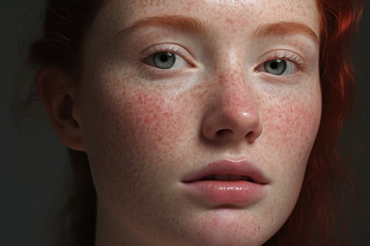 a close up of a woman with freckles,rosacea couperose redness skin AI generated photo