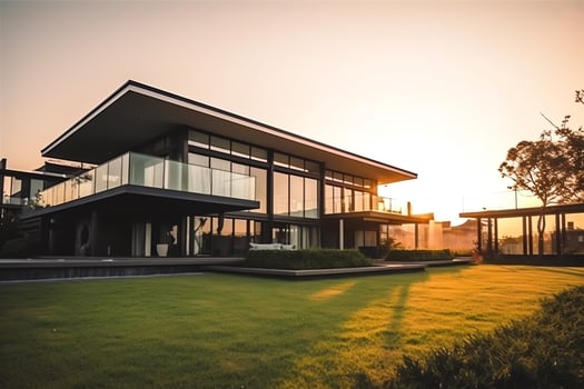 Beautiful modern house exterior with grass. field Modern residential district and minimalist building concept by AI Generated photo