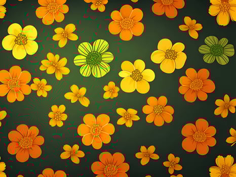 Seamless pattern with yellow and orange gradient color flowers on a black background photo
