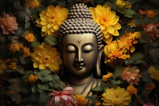 a golden buddha statue surrounded by flowers AI Generated photo