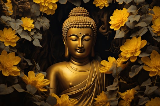a golden buddha statue surrounded by flowers AI Generated photo