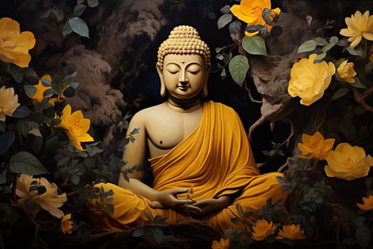 a golden buddha statue surrounded by flowers AI Generated photo