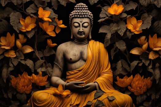 a golden buddha statue surrounded by flowers AI Generated photo