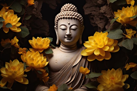 a golden buddha statue surrounded by flowers AI Generated photo