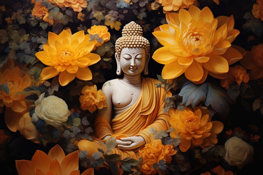 buddha statue surrounded by yellow flowers AI Generated photo