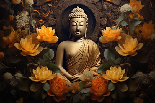 buddha statue surrounded by yellow flowers AI Generated photo