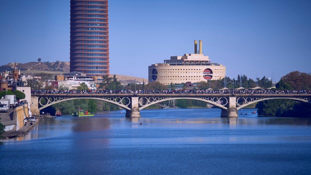 Triana Bridge, a tourist attraction, seville's most famous landmark, spain, good friday photography. photo