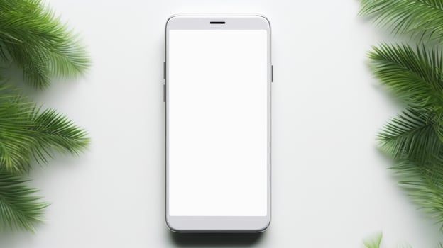 Flat lay of smartphone with blank and leaves and flowers screen on white background, Generative ai. photo