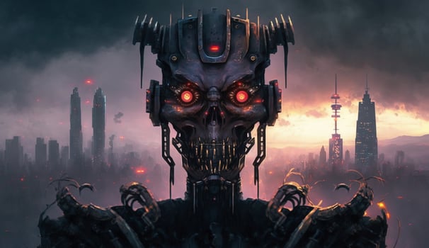 Ai Generated modern robot scary portrait and the city in the background photo