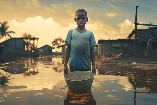 African boy draw water into bottles from a river. photo